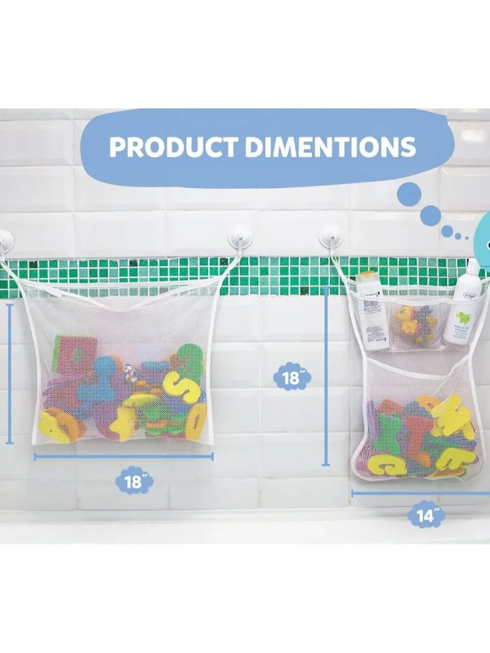 2 x Mesh Bath Toy Organizer + 8 Ultra Strong Hooks – The Perfect Bathtub Toy Hol